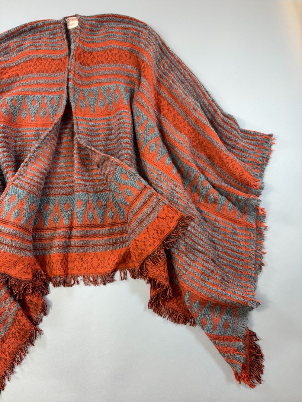 Vismaya Burnt Orange Gray Mohair Blend Southwest Geometric Serape Shawl Poncho